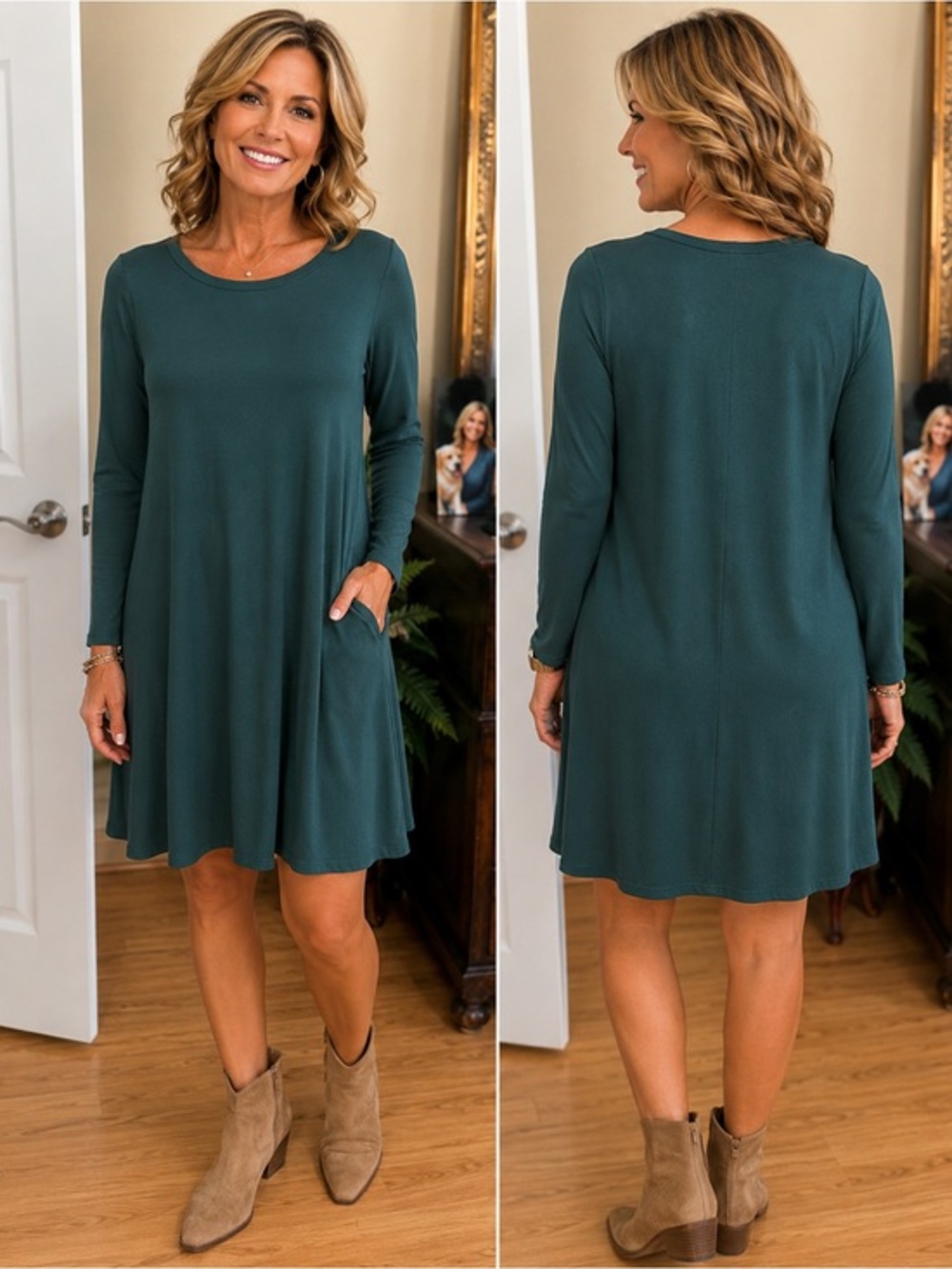 NWT HiMONE Dark Teal Long Sleeve Swing Dress – Size Medium
